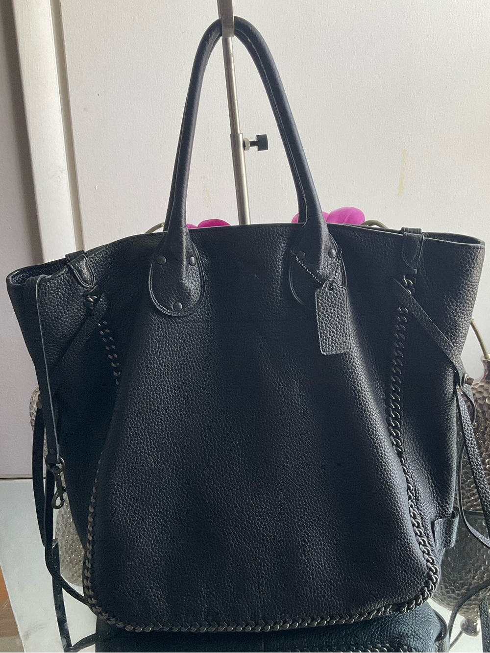 Coach Tatum Tall Pebbled Leather Tote with Chain-Trim
